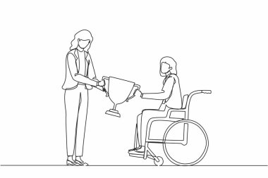 Tekli sandalyedeki iş kadınına sürekli çizim ödülü. Tekerlekli sandalyedeki engelli kadın zafer kazanma sevincini kupayla paylaşıyor. Bir çizgi grafik tasarım vektörü
