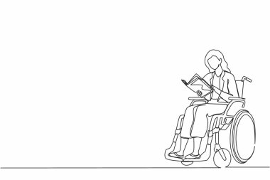 Tek satır pozitif öğrenci çizimi engelli tekerlekli sandalyede otururken kitap okuyor. Üniversitede okuyan cesur bir kadın. Engellilerin rehabilitasyonu. Devamlı çizgi çizim tasarım vektörü