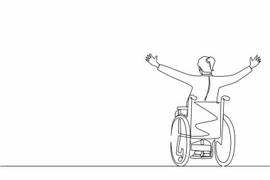 Tekli sandalyede oturan, mutluluk içinde kollarını kaldıran, rehabilitasyon konsepti olan bir iş kadını. Mutlu insan sevinçten ellerini kaldırıyor. Devamlı çizgi çizim tasarım vektörü