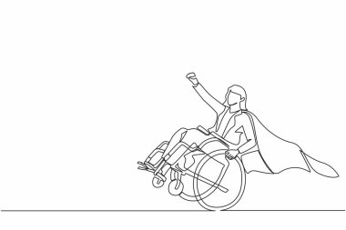 Devamlı bir çizgi halinde pelerin giyen engelli iş kadını süper kahraman gibi davranıp ellerini kaldırıyor. Hayatın zorluklarına rağmen mutlu ve güçlü ol. Tek çizgi çizimi tasarım vektörü grafiği