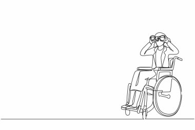 Tek sıra halinde tekerlekli sandalyedeki başarılı iş kadını yeni fikirler, çözümler ve kararlar arıyor. Fırsat kavramını keşfet. Bir çizgi çizimi grafik tasarım vektörü