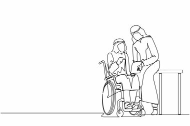 Tekli bir satırda, Arap işadamı tekerlekli sandalyede oturuyor ve işletme grafiğini yöneticiye sunuyor. Modern ofisteki iş arkadaşları. Devamlı çizgi çizimi grafik vektörü