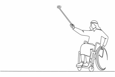Tekerlekli sandalyedeki Arap erkek kullanıcının telefon ve sopayla selfie çekmesi. Toplum ve engelli toplum kavramı. Tek çizgi çizimi tasarım vektörü grafik çizimi