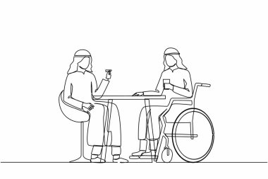 Bir satırda iki Arap işadamının iş toplantısında konuştuğu tek satır. Meslektaşlar kahve molası verir. Engelli erkek arkadaşıyla kahve içiyor. Devamlı çizgi tasarımı grafik vektör illüstrasyonu