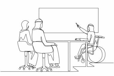 İş arkadaşlarına sunum yapan engelli Arap işadamlarının çizdiği tek sıra. İş arkadaşı, tekerlekli sandalyedeki engelli yöneticiyi dinliyor. Bir çizgi çizme tasarım vektörü
