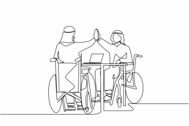 Sürekli iki engelli Arap 'a beşlik çakıyor. Ofis çalışanı tekerlekli sandalyede keyifle oturuyor. Meslektaşlar başarıyı kutluyor. İyi iş işareti. Tek çizgi tasarım vektör çizimi