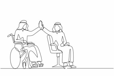 Mutlu, engelli bir Arap 'ın çizdiği tek çizgi beşlik bir iş arkadaşına selam veriyor. Ofis çalışanı tekerlekli sandalyede keyifle oturuyor. Meslektaşlar başarıyı kutluyor. İyi iş işareti. Devamlı çizgi tasarım grafik vektörü