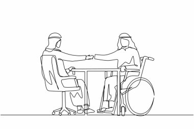 Tek sıra halinde engelli istihdam. Engelli bir Arap, tekerlekli sandalyede patron veya meslektaşıyla el sıkışıyor ve yeni iş yerini tanıtıyor. Bir çizgi çizimi grafik tasarım vektörü