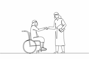 Tekerlekli sandalyedeki sakat Arap işadamının iş ortağıyla el sıkışması. İş arkadaşımla engelli yöneticiler diyaloğu. Bir çizgi çizimi grafik tasarım vektörü