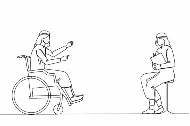 Ofisteki iş görüşmesinde engelli bir Arap 'ı sürekli olarak kendine çekiyor. Tekerlekli sandalyedeki kişi işvereniyle konuşuyor. İş görüşmesi, iş günü, sosyal yardım. Tek çizgi çizimi tasarım vektör çizimi