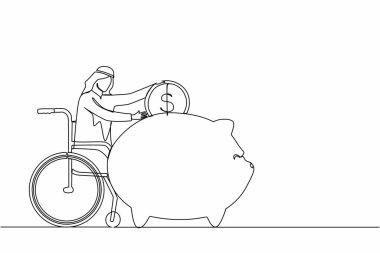 Tek sıra halinde mutlu, engelli bir Arap adam para biriktiriyor. Tekerlekli sandalyede elinde domuz kumbarası olan ve parayı düşünen biri. Engelli, finans konsepti. Devamlı çizgi çizimi grafik vektörü