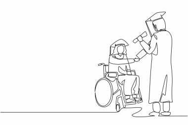 Üniversite rektörlüğünden mezun olan Arap erkek öğrencinin çizdiği tek çizgi. Engelli bekar, kapsayıcı eğitim konsepti. Devamlı çizgi tasarımı grafik vektör illüstrasyonu