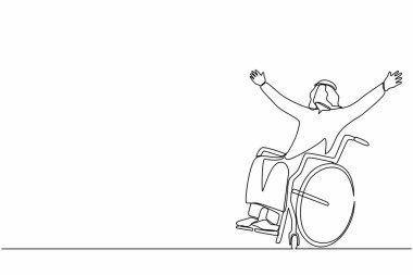 Tekli sandalyede oturan, mutluluk için elini kaldıran, rehabilitasyon konsepti olan tek bir Arap çizgisi. Tekerlekli sandalyedeki mutlu genç adam. Bir çizgi çizimi grafik tasarım vektör çizimi