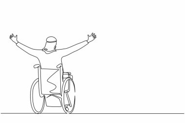 Tekerlekli sandalyede oturan Arap işadamı, mutluluk ve rehabilitasyon için kollarını kaldırıyor. Mutlu insan sevinçten ellerini kaldırıyor. Bir çizgi çizme tasarım vektörü
