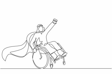 Tekli sandalyede oturan sakat Arap adamın çizdiği tek çizgi düz karakter konsepti. Özürlü bir süper kahraman, zihin gücü. Asla pes etme. Aralıksız çizgi çizimi tasarım grafik vektör çizimi