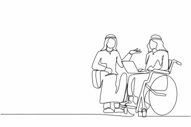 Engelli ve engelli çalışanları bir arada tutan tek satır. Tekerlekli sandalyedeki engelli Arap erkek ve iş arkadaşı dizüstü bilgisayarla iletişim kuruyor. Aralıksız çizgi çizme grafik tasarım vektörü