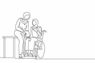 Tekerlekli sandalyede oturan Arap iş kadınının müdürüne iş grafiğini sunduğu tek sıra. Modern ofisteki iş arkadaşları. Bir çizgi çizimi grafik tasarım vektörü