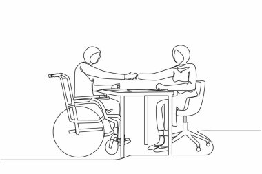 Tek sıra halinde maluliyet maaşı. Engelli Arap kadın, yeni işyerini tanıtan patron ya da meslektaşıyla tekerlekli sandalyede el sıkışıyor. Devamlı çizgi çizimi grafik vektörü