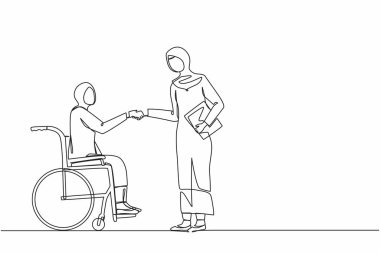 Tekli sandalyede iş ortağıyla tokalaşan sakat Arap iş kadını çizgisi. İş arkadaşımla engelli yöneticiler diyaloğu. Bir çizgi çizimi grafik tasarım vektörü