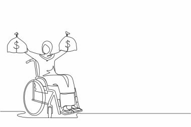 Elinde para çantası tutan Arap iş kadını çizmeye devam ediyor. Engelli tekerlekli sandalyeli kadın için engelli sigortası ödemeleri. Koruma programı. Tek çizgi çizimi tasarım vektörü grafiği