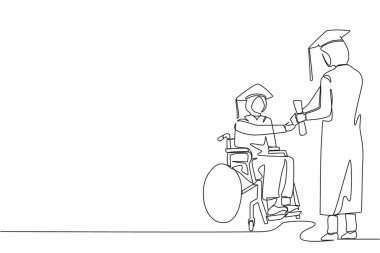 Üniversite rektörlüğünden mezun olan Arap kız öğrencinin çizdiği tek çizgi. Engelli bekarlığı, kapsayıcı eğitim. Aralıksız çizgi çizimi tasarım grafik vektör çizimi