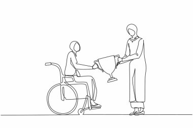 Tekerlekli sandalyedeki engelli Arap kadının kupa kazanmasını sağlayan tek çizgi. Başarı ve zafer. Engelli insanlar spor ve iş hayatında başarılıdır. Bir çizgi çizimi grafik tasarım vektörü