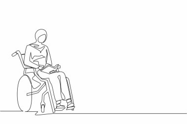 Tekerlekli sandalyede oturan genç, pozitif sakat öğrencilerin çizdiği bir satır sürekli kitap okuyor. Üniversitede okuyan Arap engelli bir kadın. Tek çizgi çizimi tasarım vektörü grafik çizimi