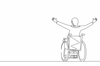 Tekli sandalyede oturan Arap iş kadını, mutluluk ve rehabilitasyon için kollarını kaldırıyor. Mutlu insan sevinçten ellerini kaldırıyor. Bir çizgi grafik tasarım vektörü