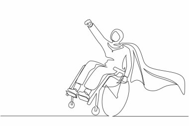 Tekli sandalye karakter konseptinde oturan Arap kadını çizen tek satır. Özürlü bir süper kahraman, zihin gücü. Asla pes etme. Aralıksız çizgi çizimi tasarım grafik vektör çizimi