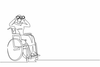 Tek sıra halinde, yeni fikirler, çözümler ve kararlar arayan, tekerlekli sandalyedeki başarılı Arap iş kadını. Fırsat kavramını keşfet. Devamlı çizgi çizimi grafik vektörü