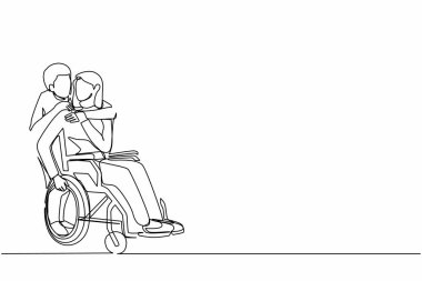 Araba kazasından sonra tekerlekli sandalyedeki kadını ve kocasını cesaretlendiren tek sıra. Karşılıklı bakım, engelli insanları toplumda eşit hale getirdi. Bir çizgi tasarım vektörü