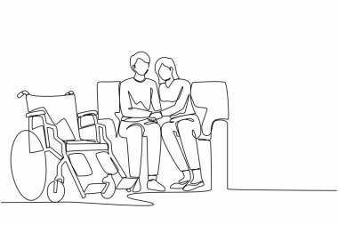 Sakatlanmış kocayı rahatlatan bir kadının sürekli çizdiği çizgiler engelli sorunlarıyla ilgili konuşmalar, tekerlekli sandalyeyle el ele tutuşmalar. Tek çizgi çizimi tasarım vektörü grafiği