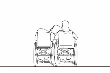 Arkaya bakan engelli bir çift sürekli olarak tekerlekli sandalyede oturup birbirleriyle konuşuyorlar. Erkek, başını kadının omzuna koyar. Özürlü insanlar. Tek çizgi çizme tasarım vektörü