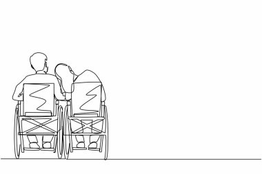 Özürlü çift, tekerlekli sandalyede oturup birbirleriyle konuşurlar. Kadın başını erkeğin omzuna koyar. Özürlü insanlar. Devamlı çizgi çizim tasarım vektörü