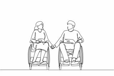 Tekerlekli sandalyedeki engelli insanların mutlu ve aktif yaşam tarzı konseptini çizmesi. Tekerlekli sandalyede oturan ve el ele tutuşan mutlu engelli erkek kadın. Bir çizgi çizme tasarım vektörü