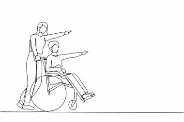 Tek bir çizgi tek bir yönü işaret ederken mutlu insanları çiziyor. Bakıcı kadın tekerlekli sandalyedeki adamı itiyor, sağlık hizmetlerinin keyfini çıkarıyor. Devamlı çizgi çizimi tasarım vektörü illüstrasyonu