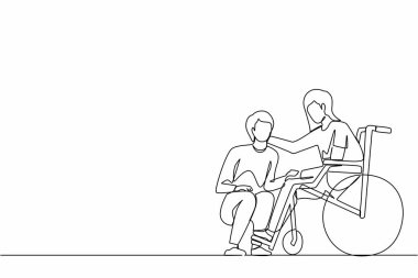 Tekli sıra, tekerlekli sandalyedeki kadının önünde diz çöken genç adamı çekiyor. Tekerlekli sandalyede oturan engelli bir kadın kocasını hastanenin koğuşunda tutuyor. Bir çizgi grafik tasarım vektör çizimi