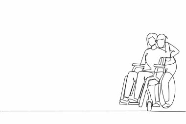 Tek sıra halinde tekerlekli sandalyede oturan kadını çizerken kocası arkada durup ona sarılıyordu. Rehabilitasyon sırasında karısını destekleyen adam. İlişki kavramı. Tek çizgi çizme tasarım vektörü