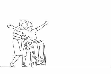 Tekli sıra, tekerlekli sandalyede mutlu engelli bir adamı sevgili karısıyla dışarıda yürürken, eğlenirken, birlikte vakit geçirirken çekiyor. Engelli çift eğleniyor. Bir çizgi çizme tasarım vektörü