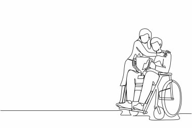Tekli sandalyedeki engelli adamın zafer ve başarılarından duyduğu neşeyi karısıyla paylaştığı tek sıra. Engelli insanlar sporda başarılıdır. Bir çizgi çizme tasarım vektörü