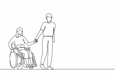 Tek sıra çizen koca engelli karısı ve tekerlekli sandalyedeki kadınla parkta yürüyor. Engellilerin rehabilitasyonunda yardım. Hoş bir çift. Devamlı çizgi çizimi tasarım vektörü illüstrasyonu