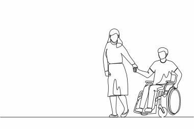 Aralıksız bir çizgi çizen kadın engelli kocasıyla parkta yürüyor, tekerlekli sandalyedeki adamla. Engellilerin rehabilitasyonunda yardım. Hoş bir çift. Tek çizgi tasarım vektör grafik çizimi