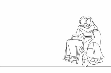 Araba kazasından sonra tekerlekli sandalyedeki Arap kadını ve kocasını cesaretlendirmek için sürekli bir çizgi. Karşılıklı bakım, engelli insanları toplumda eşit hale getirdi. Tek çizgi çizme tasarım vektörü