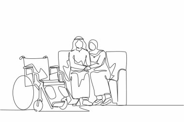 Bir satırda sakat kocayı teselli eden Arap bir kadın var. Engelli sorunu konuşmalarında teşhis koyuyor, tekerlekli sandalyeyle el ele tutuşuyor. Devamlı çizgi tasarım grafik vektörü