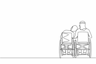 Özürlü Arap çiftler, tekerlekli sandalyede oturup birbirleriyle konuşurlar. Kadın başını erkeğin omzuna koyar. Özürlü insanlar. Devamlı çizgi tasarım vektörü