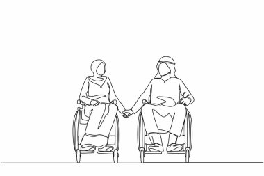 Tekerlekli sandalyedeki engelli insanların mutlu ve aktif yaşam tarzı konseptini çizmesi. Tekerlekli sandalyede oturan ve el ele tutuşan engelli Arap çift. Tek çizgi çizme tasarım vektörü
