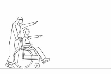 Sürekli mutlu bir Arap kadını çizen tek sıra açık havada eğleniyor ve kocasıyla parkı işaret ediyor. Tekerlekli sandalyedeki kadını iten bakıcı adam, sağlık hizmetlerinin keyfini çıkar. Bir çizgi grafik tasarım vektörü