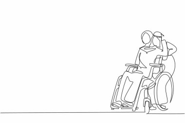 Tekerlekli sandalyede oturan Arap kadını çizerken, kocası arkasında durup ona sarılıyordu. Rehabilitasyon sırasında karısını destekleyen adam. İlişki kavramı. Tek çizgi tasarım vektörü