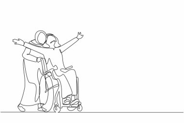 Tek sıra halinde, tekerlekli sandalyedeki mutlu sakat bir Arap 'ı sevgili karısıyla dışarıda yürürken, eğlenirken, birlikte vakit geçirirken çiziyor. Engelli çift eğleniyor. Devamlı çizgi tasarım vektörü