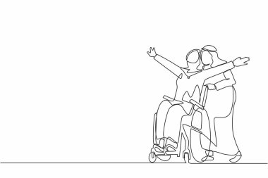 Aralıksız tek sıra halinde, tekerlekli sandalyedeki mutlu engelli kadını sevgili kocasıyla dışarıda yürürken, birlikte vakit geçirirken çekiyor. Engelli çift eğleniyor. Bir çizgi çizme tasarım vektörü